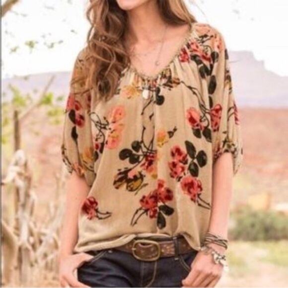 Sundance All Hours Crushed Velvet Silk Blend Floral Balloon Sleeve Top Medium - Picture 2 of 12